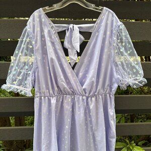 Lilac Purple Tulle Shiny Heart Print Dress with Puff Sleeves and Tie